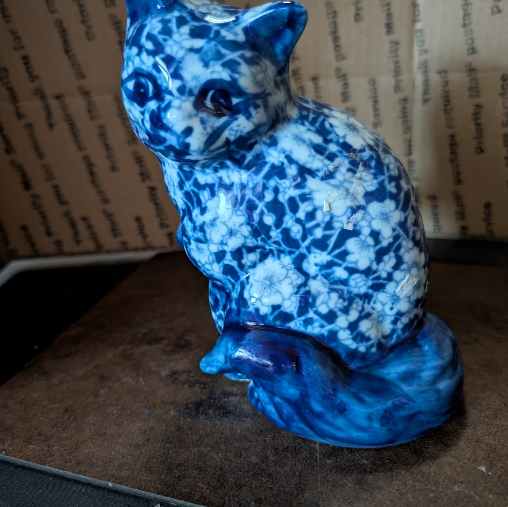 Blue and White Floral Cat Figurine